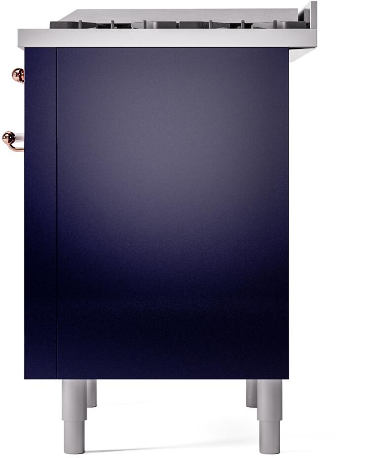 Rear view of a midnight blue freestanding dual fuel range with copper side knobs