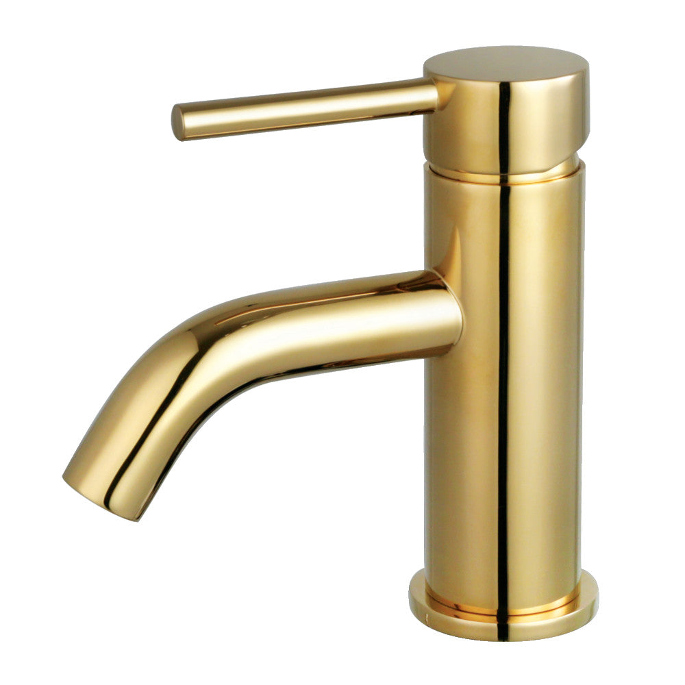 Polished brass single-handle bathroom faucet with tall curved spout