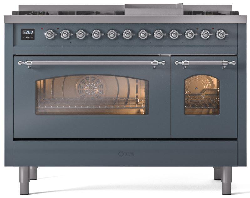 Blue grey freestanding range front view with chrome knobs, glass oven doors, and vents
