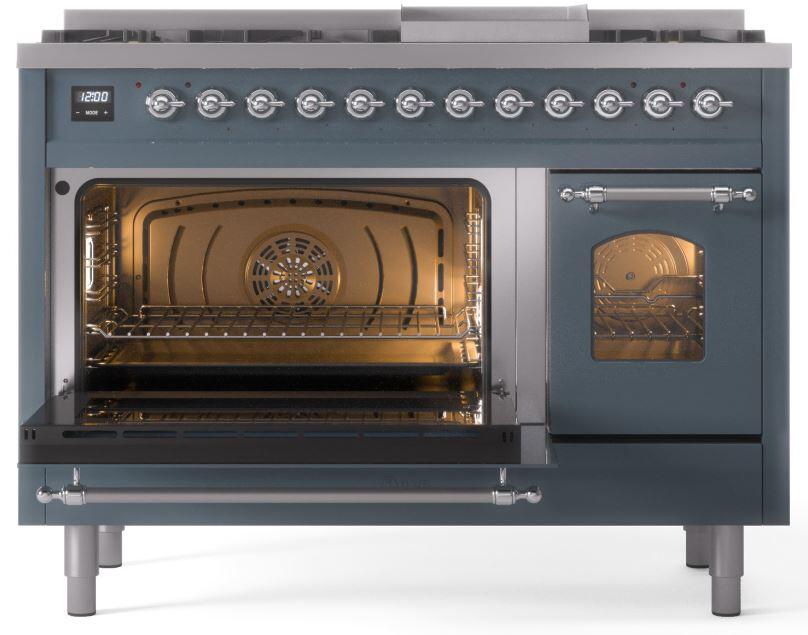 Dual oven range with left oven door open and right oven door closed, chrome trim