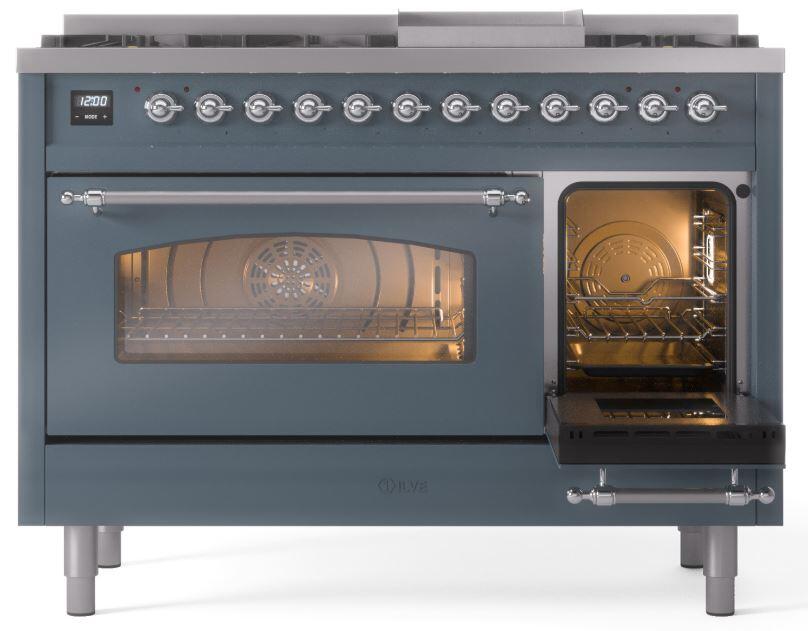 Dual oven range with left oven open and right oven door closed, blue grey body