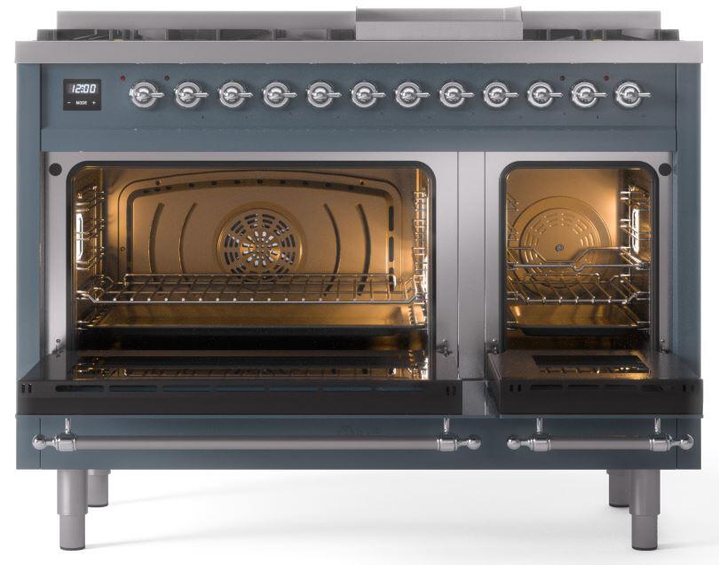 Dual oven range with both doors open, glowing interior lighting and chrome rack rails