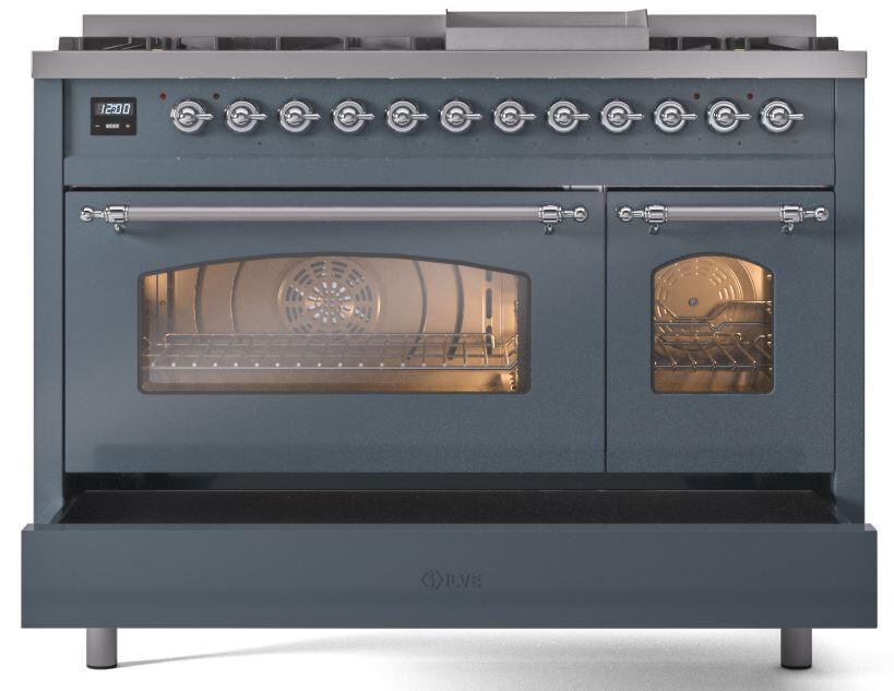 Blue grey freestanding range with oven window and right-side door window, chrome trim
