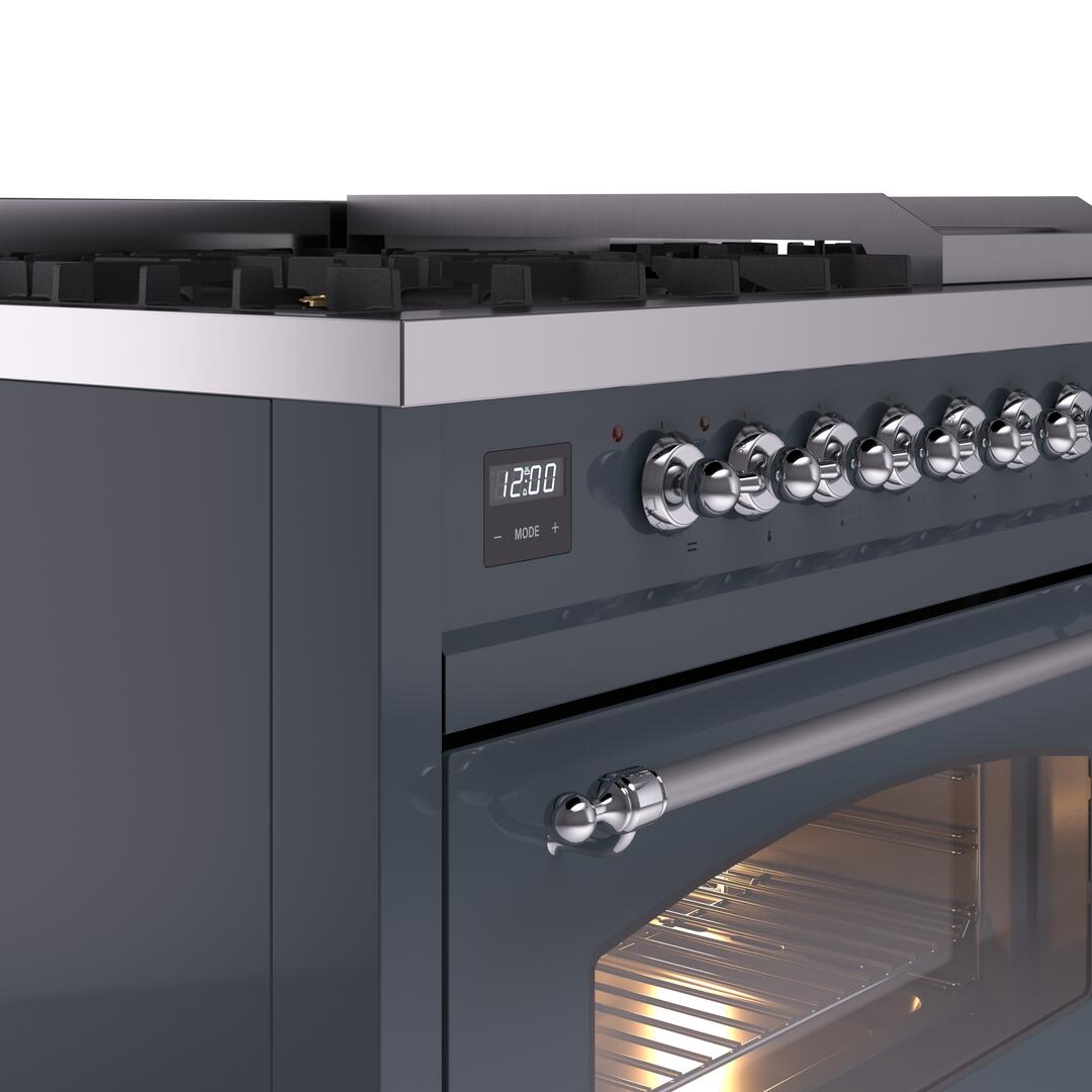 Freestanding dual fuel range control panel with chrome knobs and digital clock display