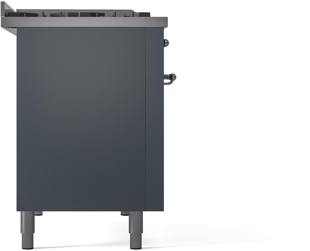 Blue grey freestanding range back panel view with raised control area and chrome knobs