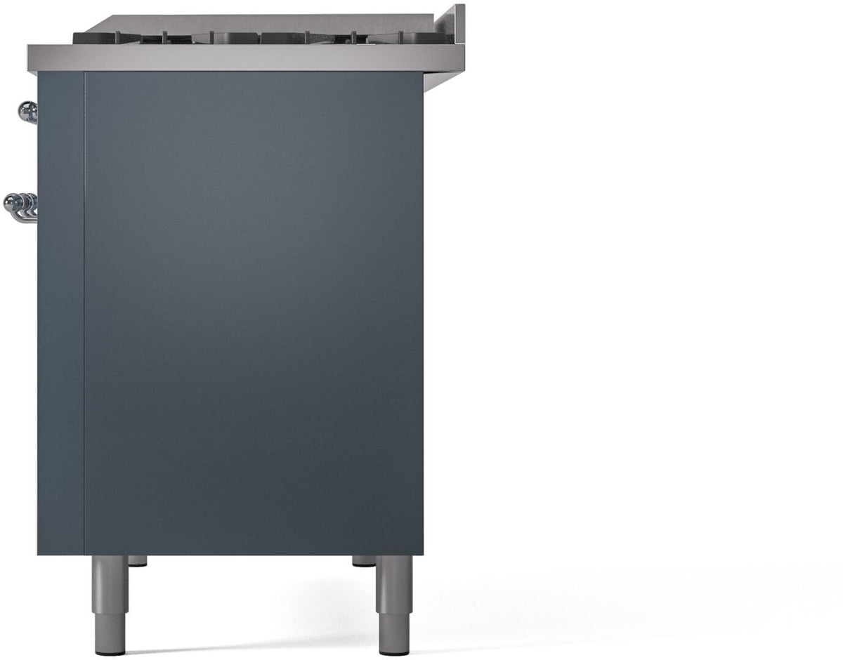 Blue grey freestanding range side panel with front burners and chrome handle detail