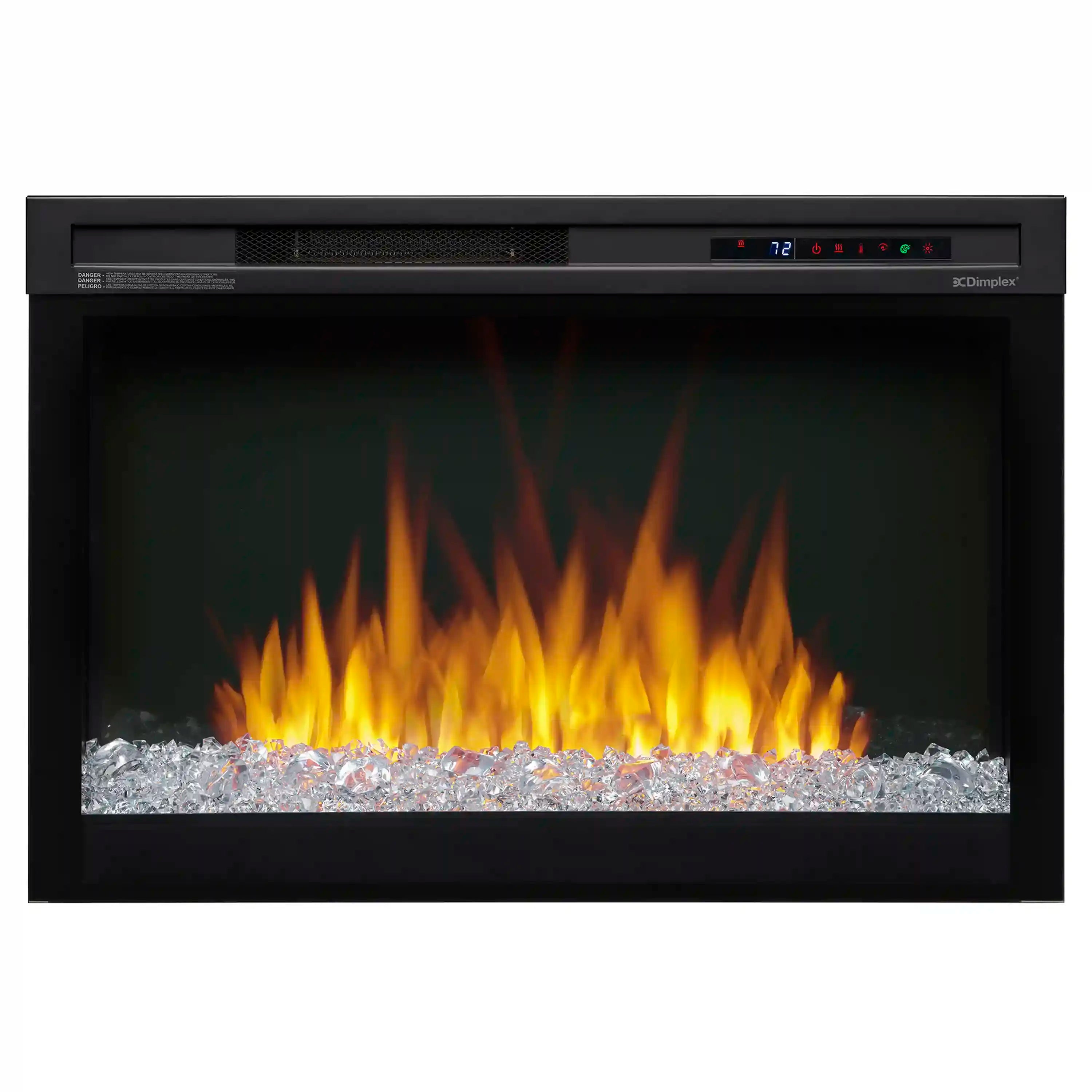 Front view of black electric firebox with glowing flames and silver acrylic ember bed