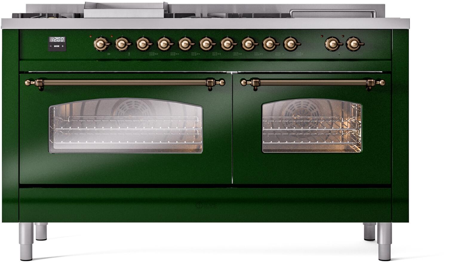 Emerald green dual fuel range with bronze knobs and two glass oven windows