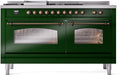 ILVE Nostalgie II 60-inch Propane Gas Dual Fuel Range with 7 Burners, Griddle, & French Top with Triple Glass Door Oven in Emerald Green with Bronze Trim (UP60FSNMPEGBLP)
