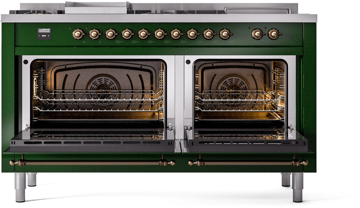 Emerald green range with two open ovens and visible racks, bronze control knobs