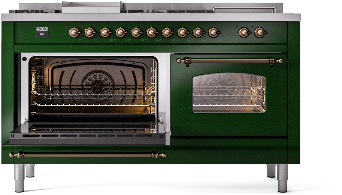 Emerald green range with open oven door and glass window, bronze control knobs