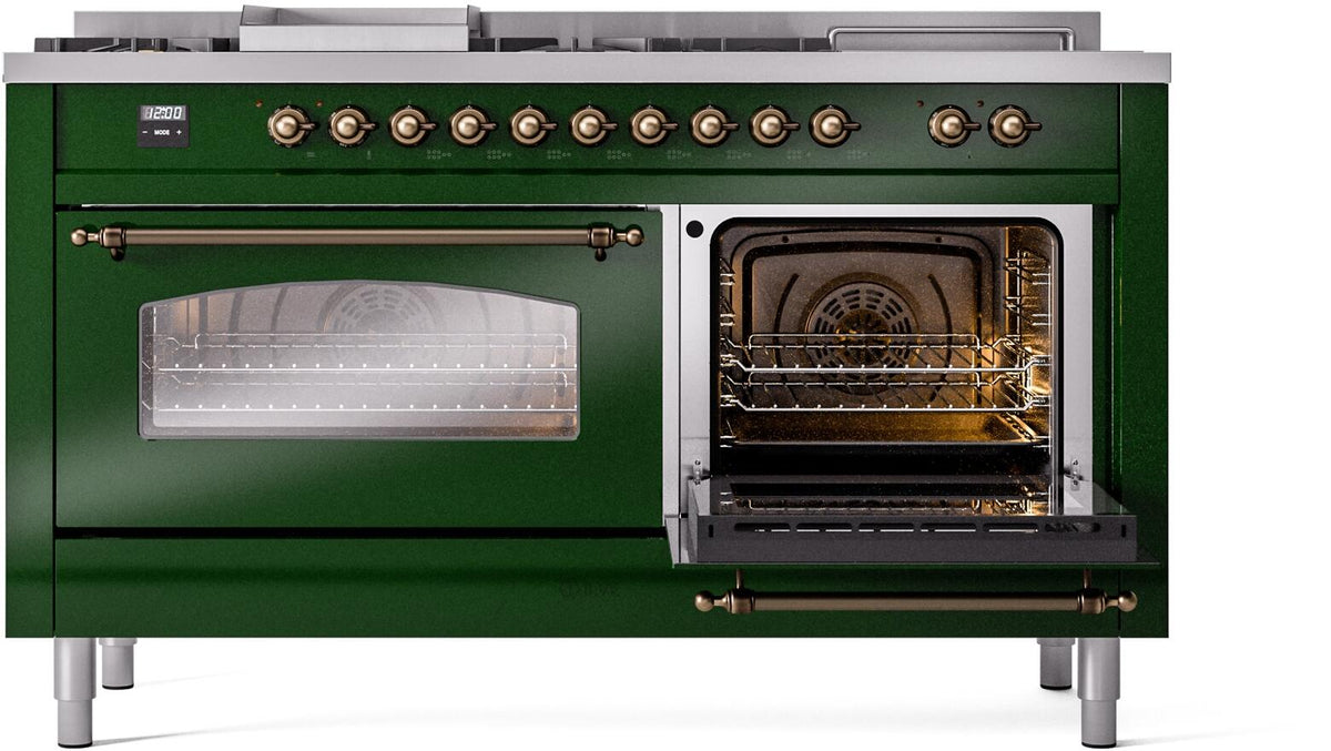Emerald green range with left glass door and open oven compartment, bronze knobs