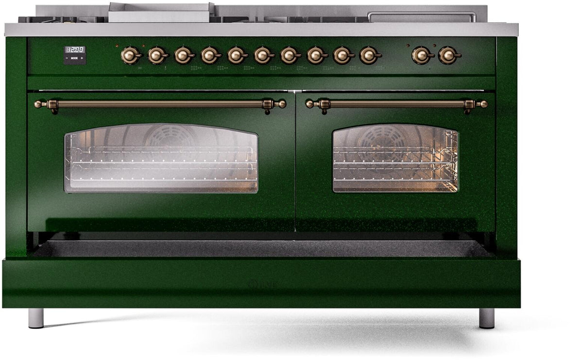 Emerald green range front with bronze handles and two closed oven doors