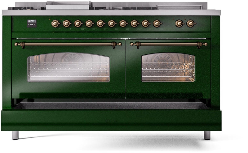 ILVE Nostalgie II 60-Inch Dual Fuel Freestanding Range in Emerald Green with Bronze Trim (UP60FSNMPEGB)