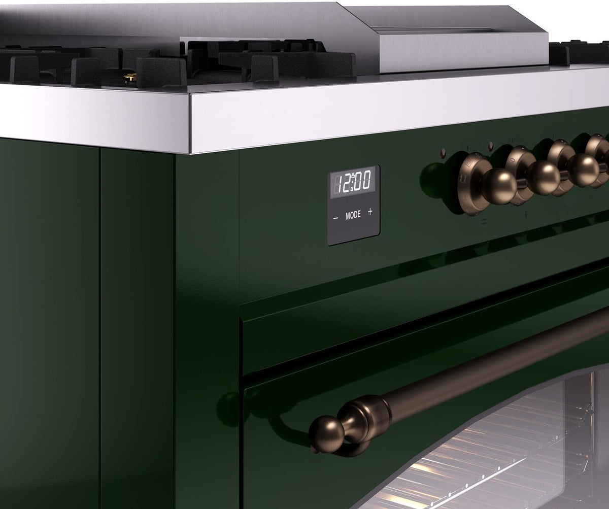 Emerald green control panel with digital display and bronze-style control knobs