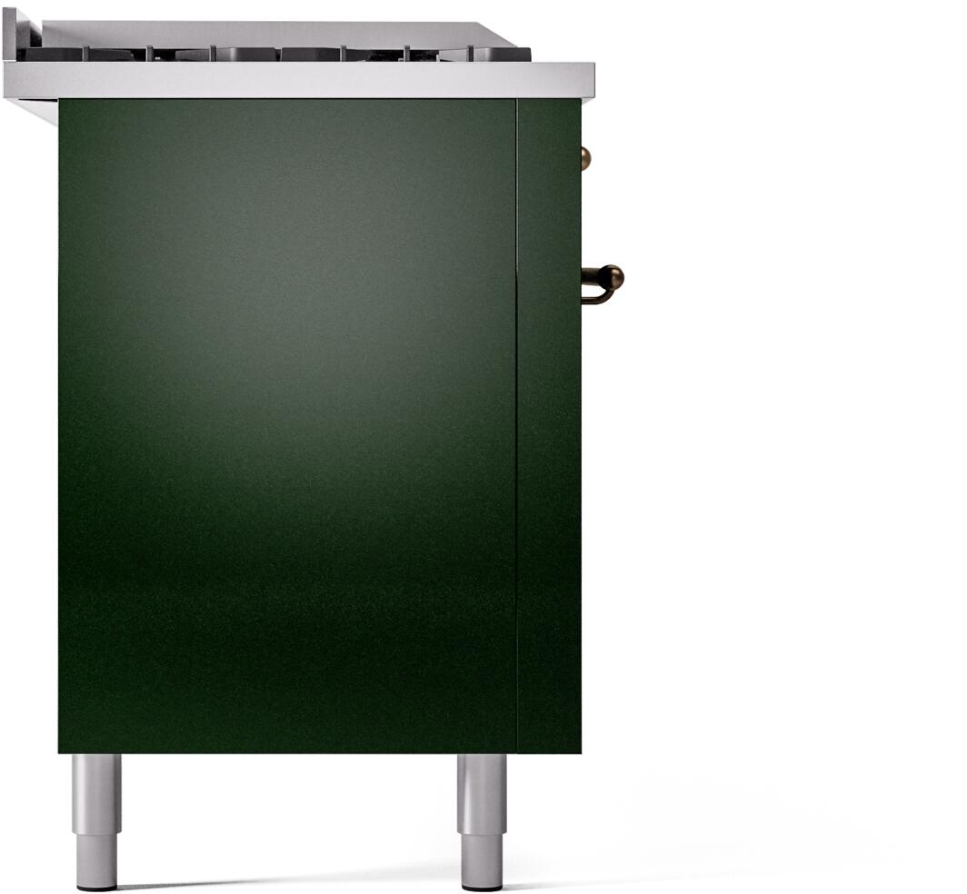 Emerald green side panel of the range with small bronze handle details