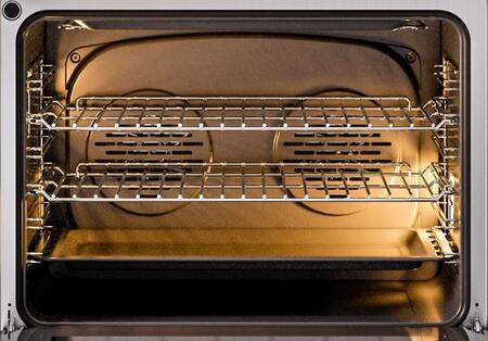 ILVE oven interior with broiler and wire racks, bronze-toned back panel