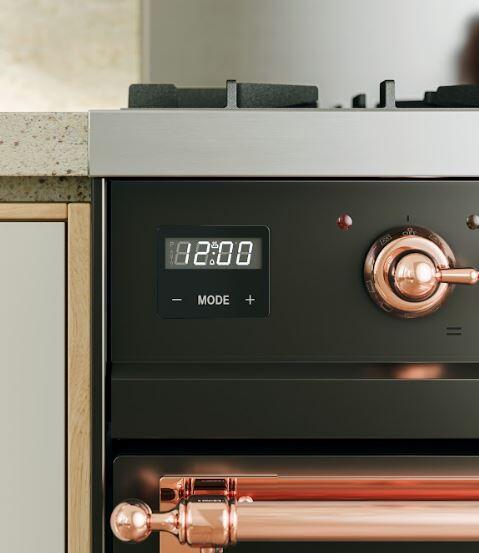Dual fuel range control panel with digital display and copper-style rotary knob