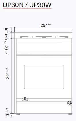 ILVE 30-inch dual fuel freestanding range, side view with bronze trim and dimensions