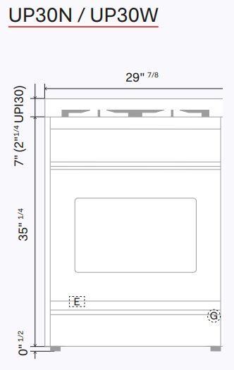 Freestanding range dimensions diagram with 30-inch width and 35-inch height