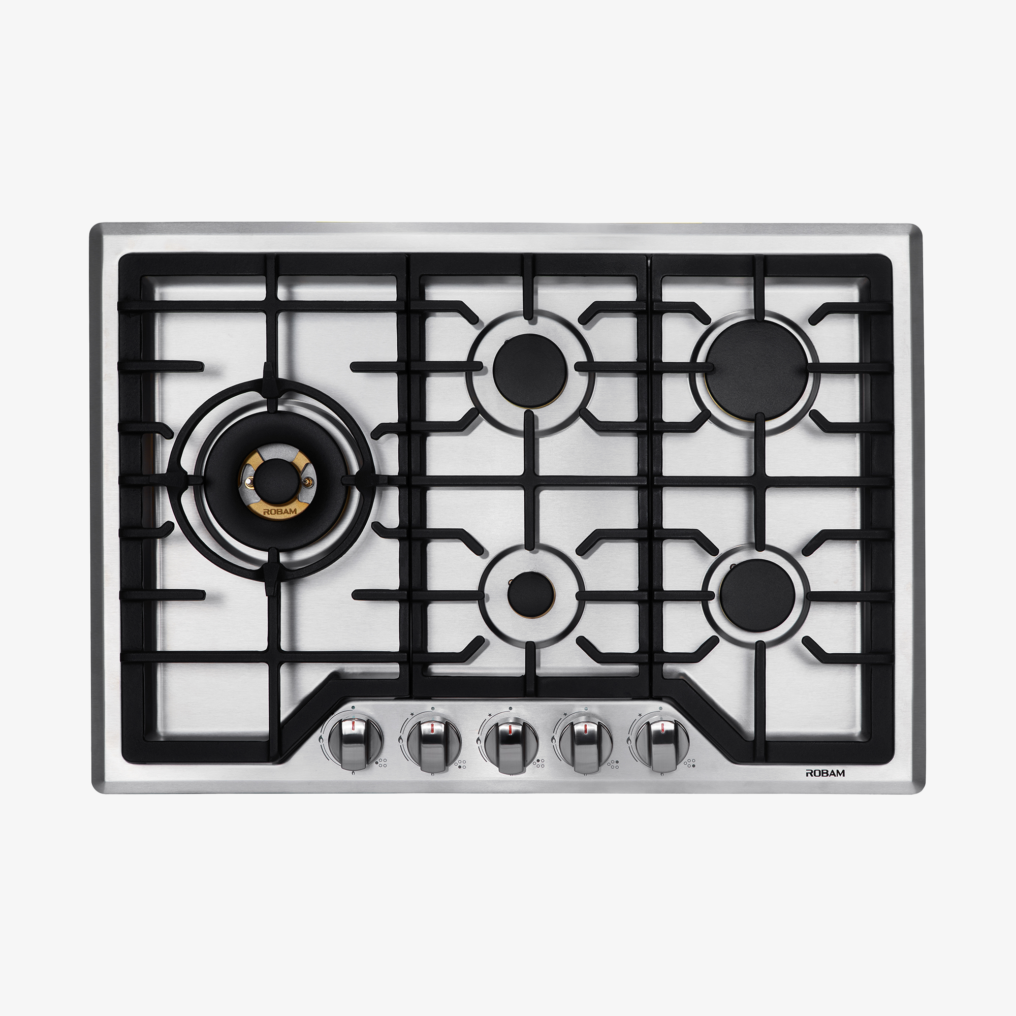 Stainless steel 30-inch cooktop with five gas burners and control knobs
