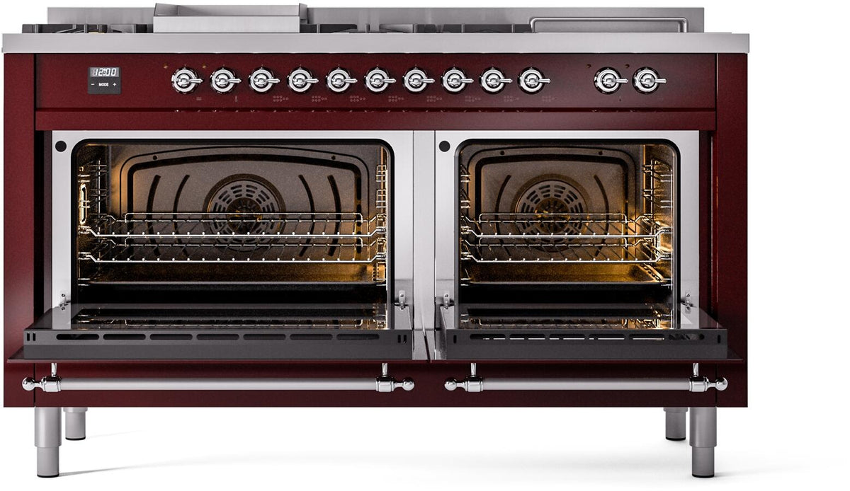 Burgundy ILVE dual fuel range with two open glass-oven doors, chrome trim