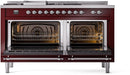 ILVE Nostalgie II 60-Inch Dual Fuel Range with 7 Burners, Griddle, & French Top with Triple Glass Door Oven in Burgundy with Chrome Trim (UP60FSNMPBUC)