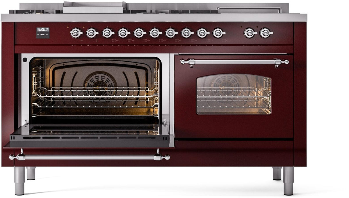 Burgundy dual fuel range with both ovens open, racks visible under oven lights.