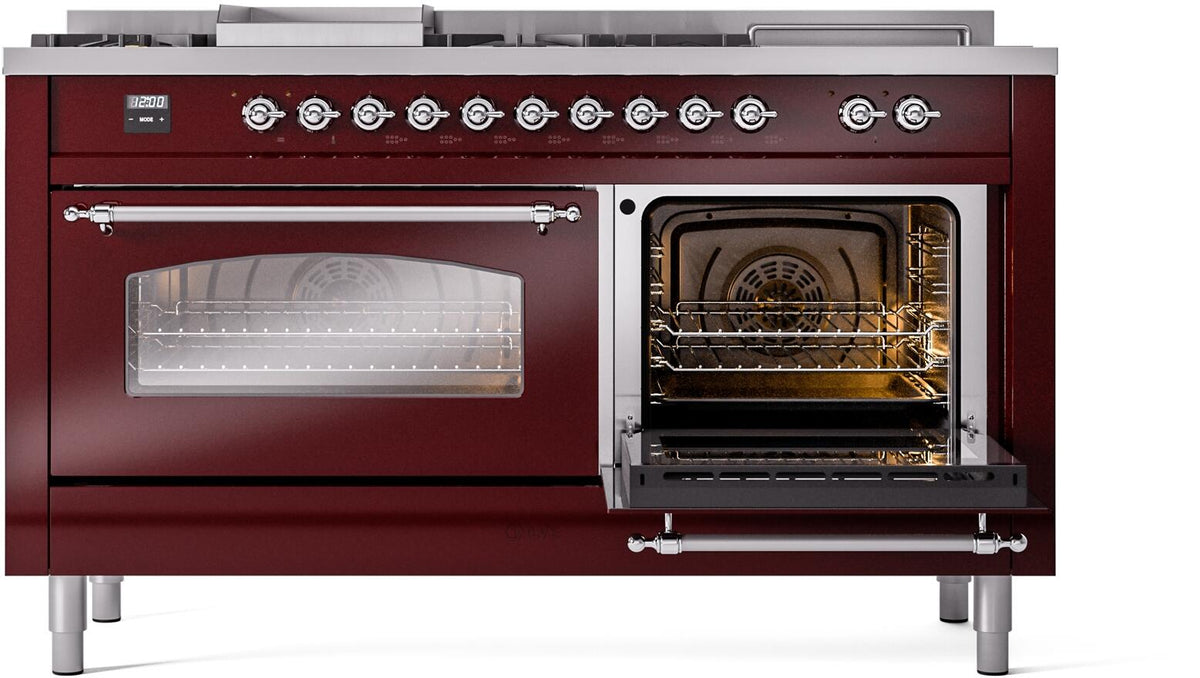 Burgundy ILVE dual fuel range with right oven open and left oven door closed