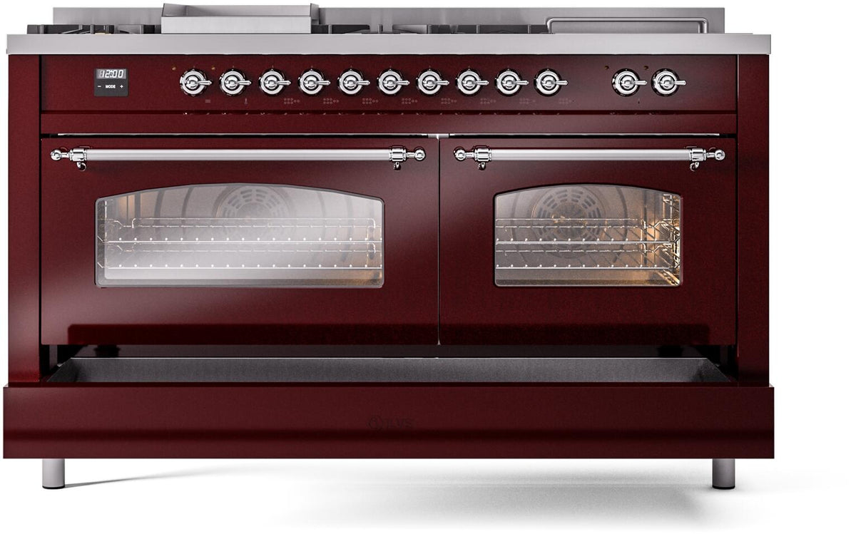 Burgundy ILVE dual fuel range with two oven doors, glass windows, chrome handles