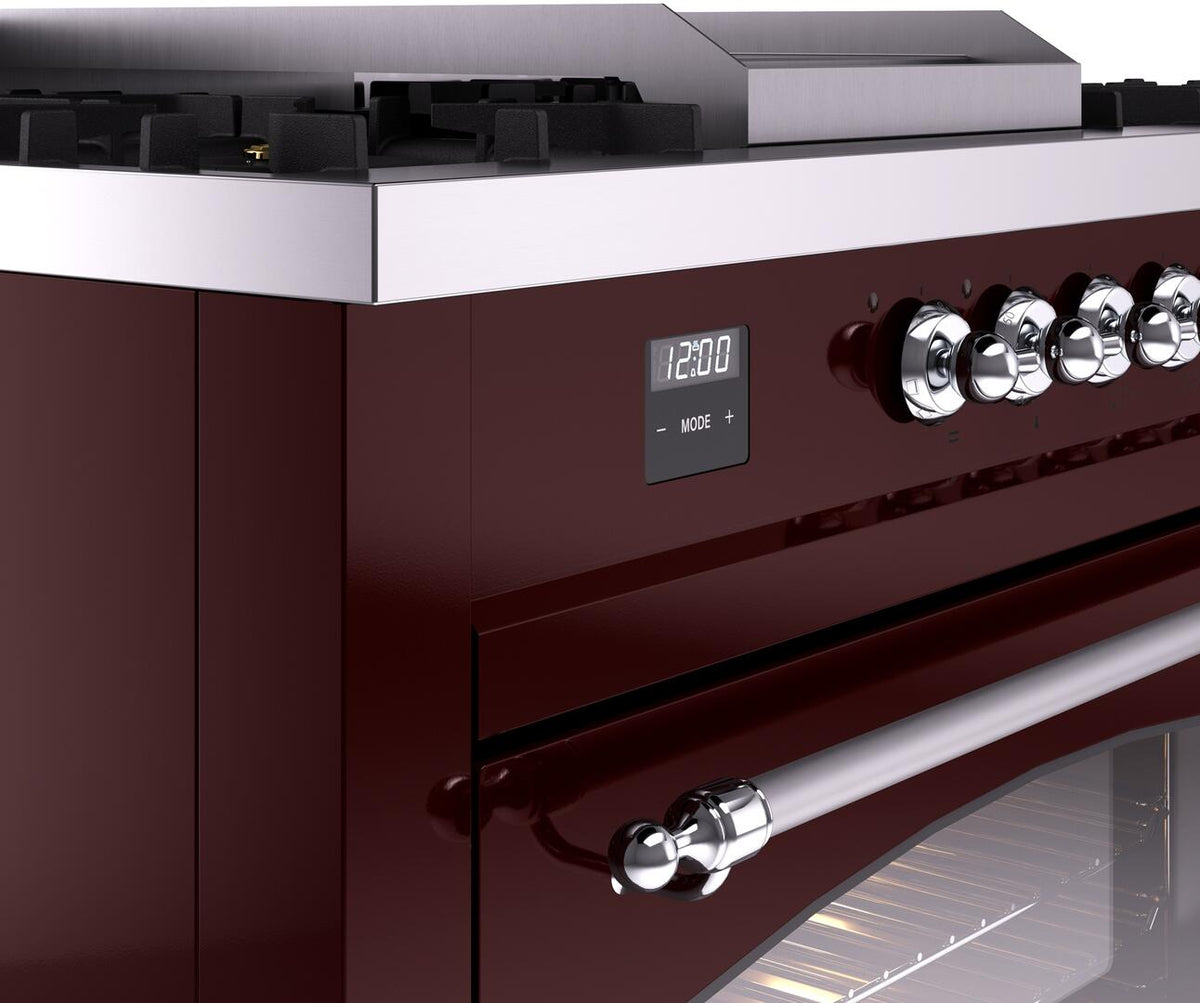 Burgundy ILVE dual fuel range control panel with illuminated display and chrome knobs