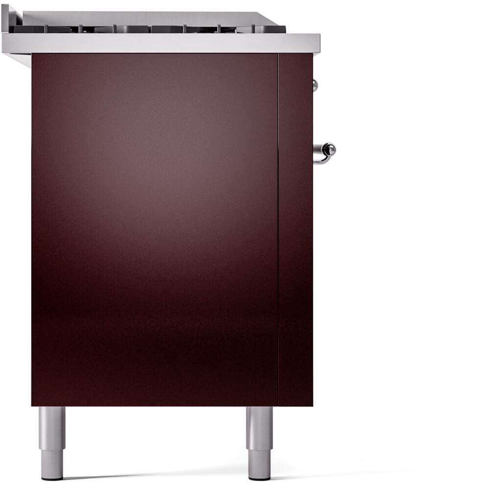 Burgundy ILVE dual fuel range side panel with door and chrome-finished legs