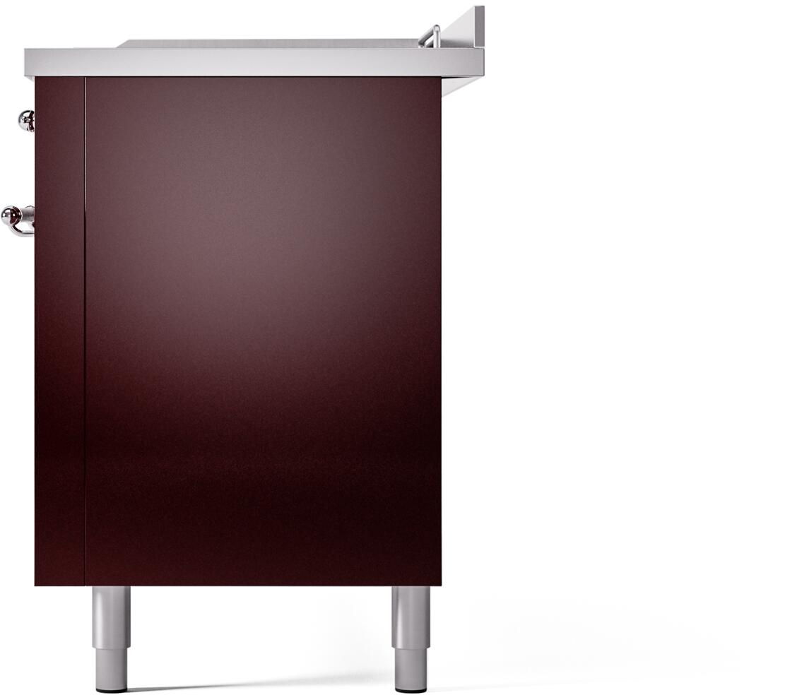Burgundy dual fuel range front panel with chrome trim and legs