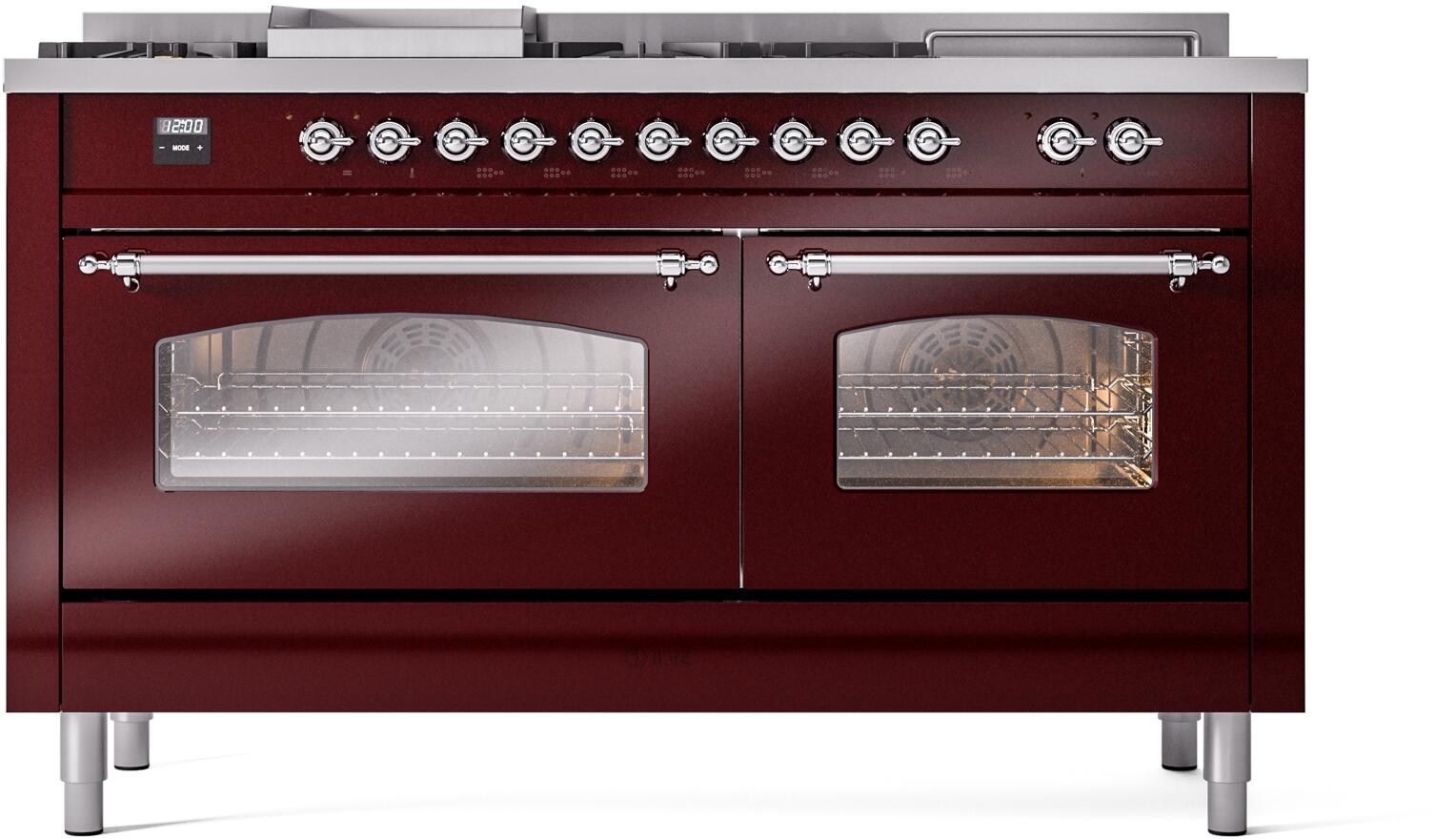 Burgundy ILVE dual fuel range with both oven doors closed, glass windows visible
