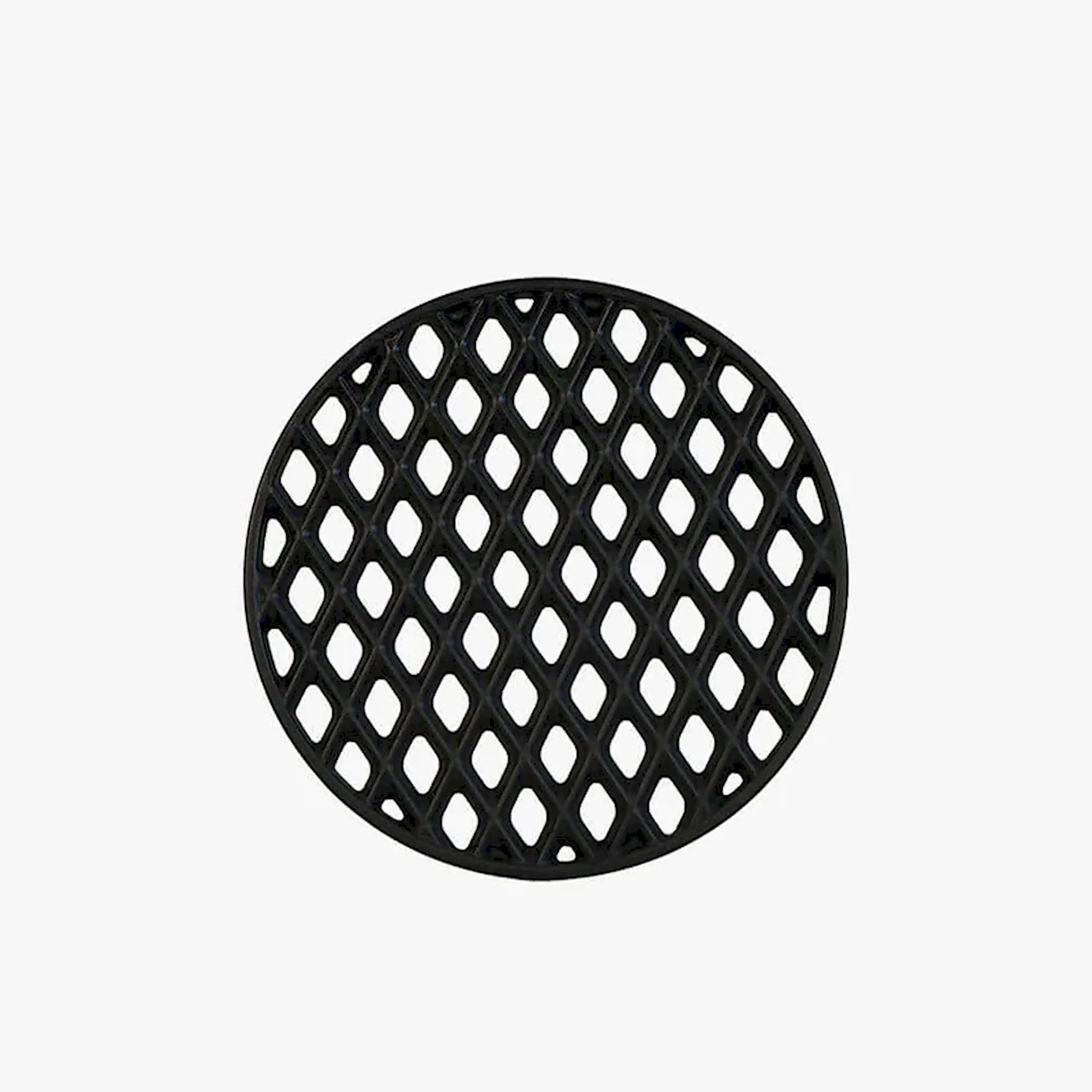 Round black cast iron grill grate with diamond grid pattern
