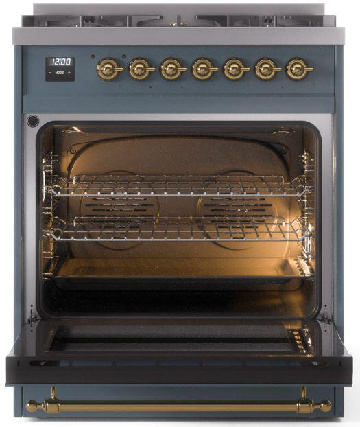 ILVE Nostalgie II 30-Inch Dual Fuel Freestanding Range in Blue Grey with Brass Trim (UP30NMPBGG)