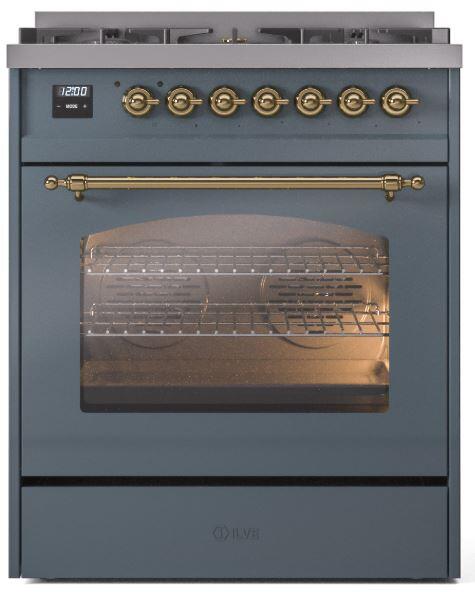 ILVE Nostalgie II 30-Inch Dual Fuel Freestanding Range in Blue Grey with Brass Trim (UP30NMPBGG)