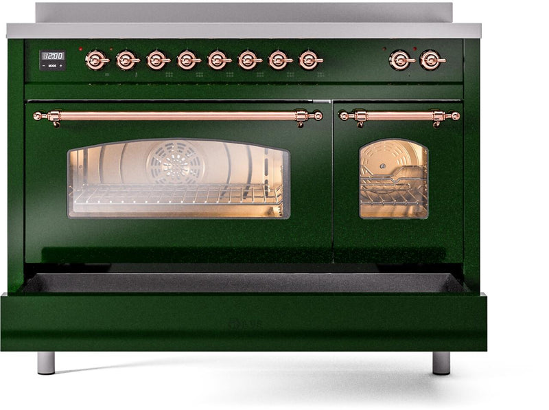 ILVE Nostalgie II 48-Inch Freestanding Electric Induction Range in Emerald Green with Copper Trim (UPI486NMPEGP)