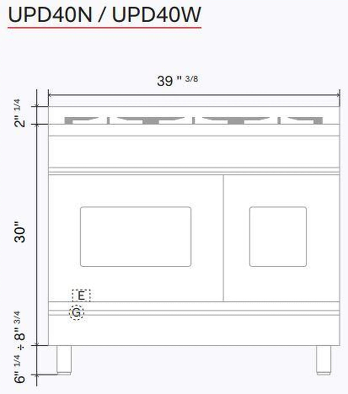 Range size diagram with height and width measurements for a 40-inch model
