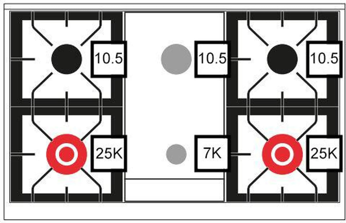 Freestanding dual-fuel gas range burner layout diagram with six sealed burners