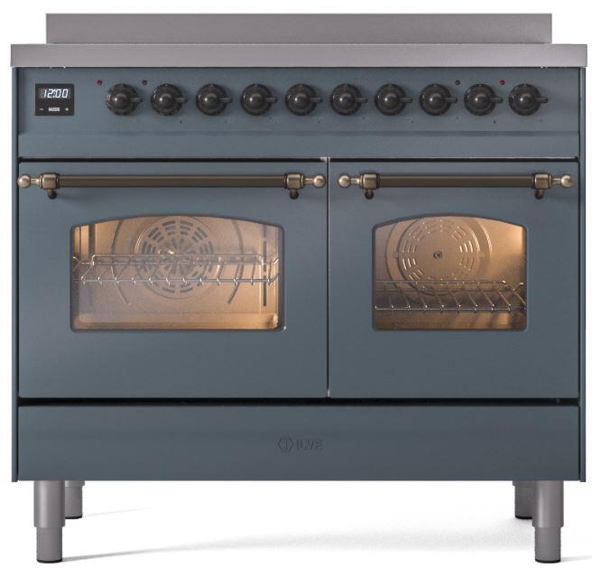 ILVE Nostalgie II 40-Inch Freestanding Electric Induction Range in Blue Grey with Bronze Trim (UPDI406NMPBGB)