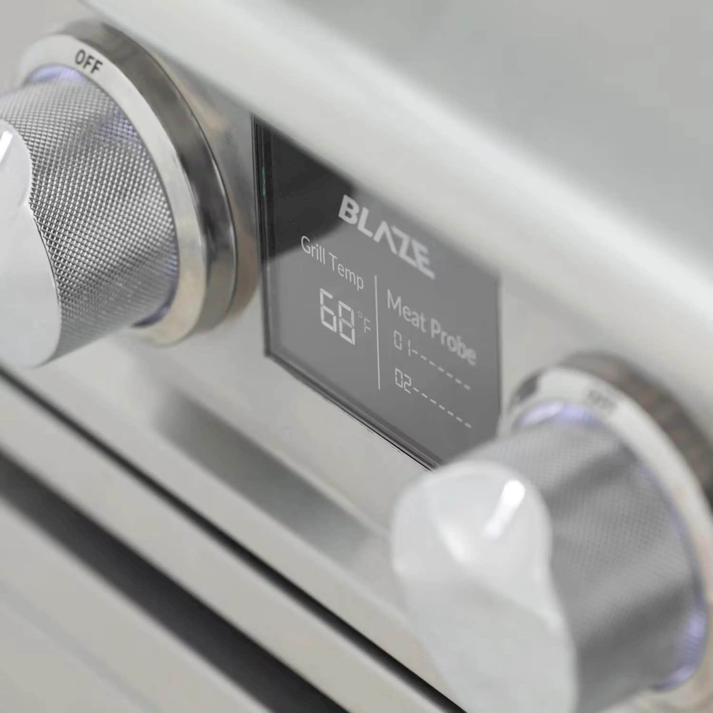 Blaze grill digital temperature screen with control knobs and OFF label