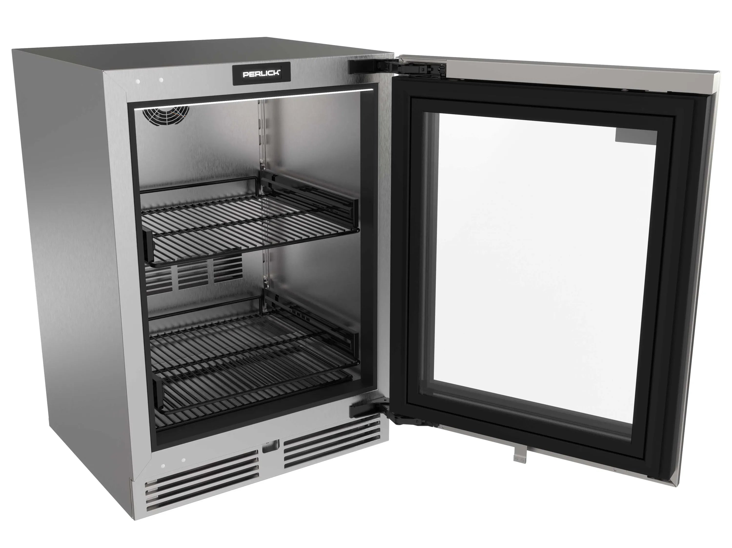 Undercounter glass-door refrigerator with wire shelves and open door