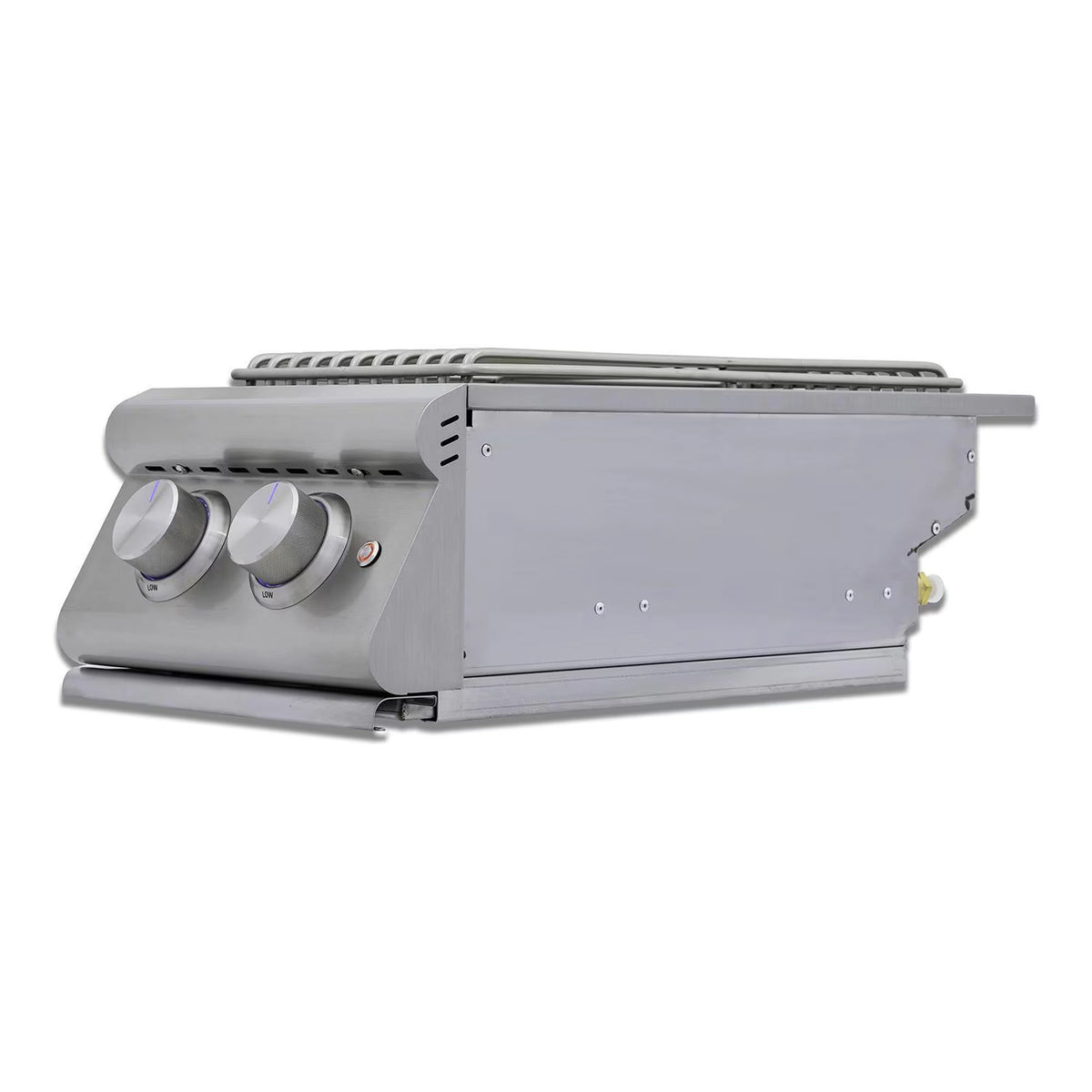 Stainless steel double side gas burner with lid open and two control knobs