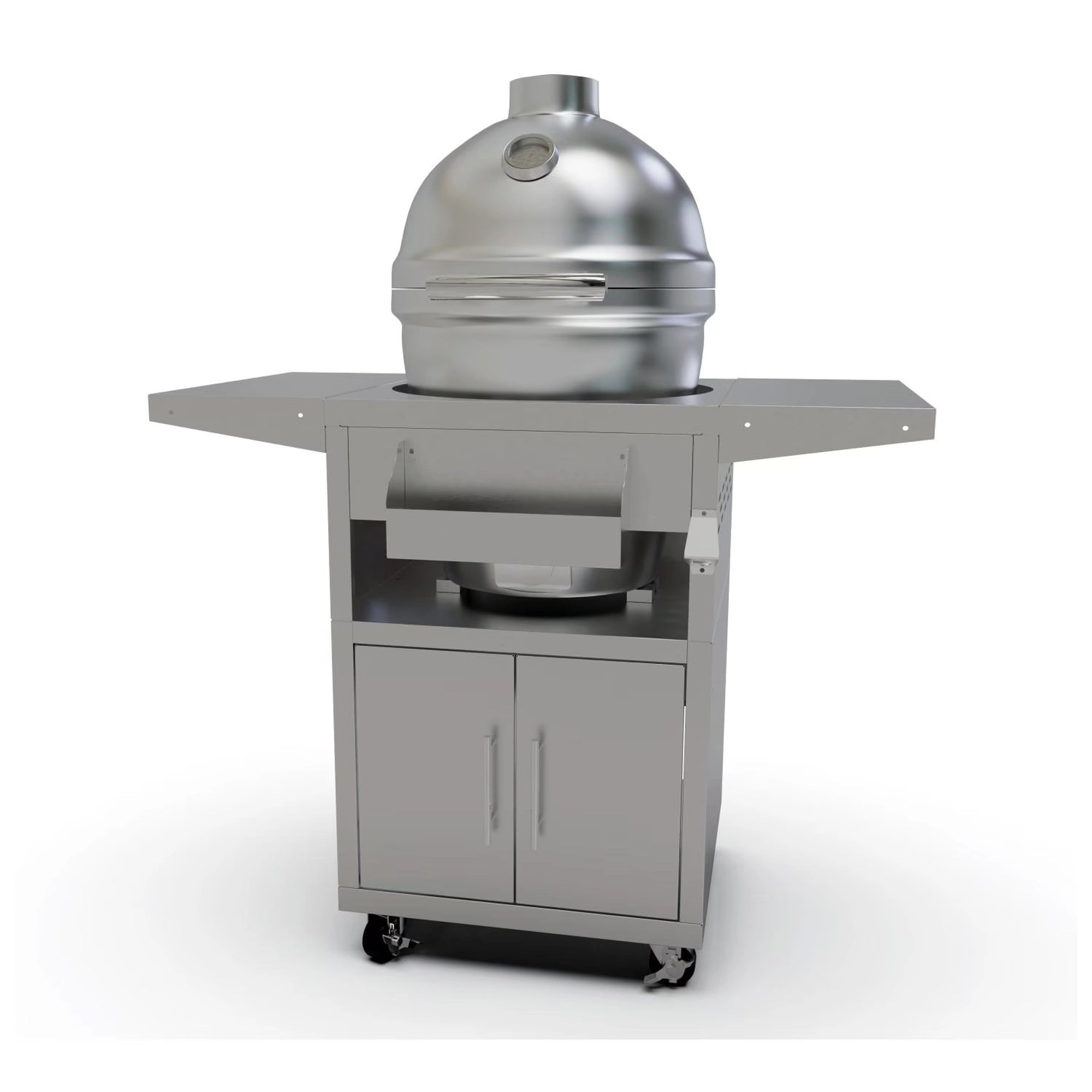 Kamado grill cart with cabinet doors, side shelf, cast aluminum, metallic finish