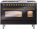 ILVE Nostalgie II 48-Inch Freestanding Natural Gas Dual Fuel Range in Glossy Black with Brass Trim (UP48FNMPBKG)