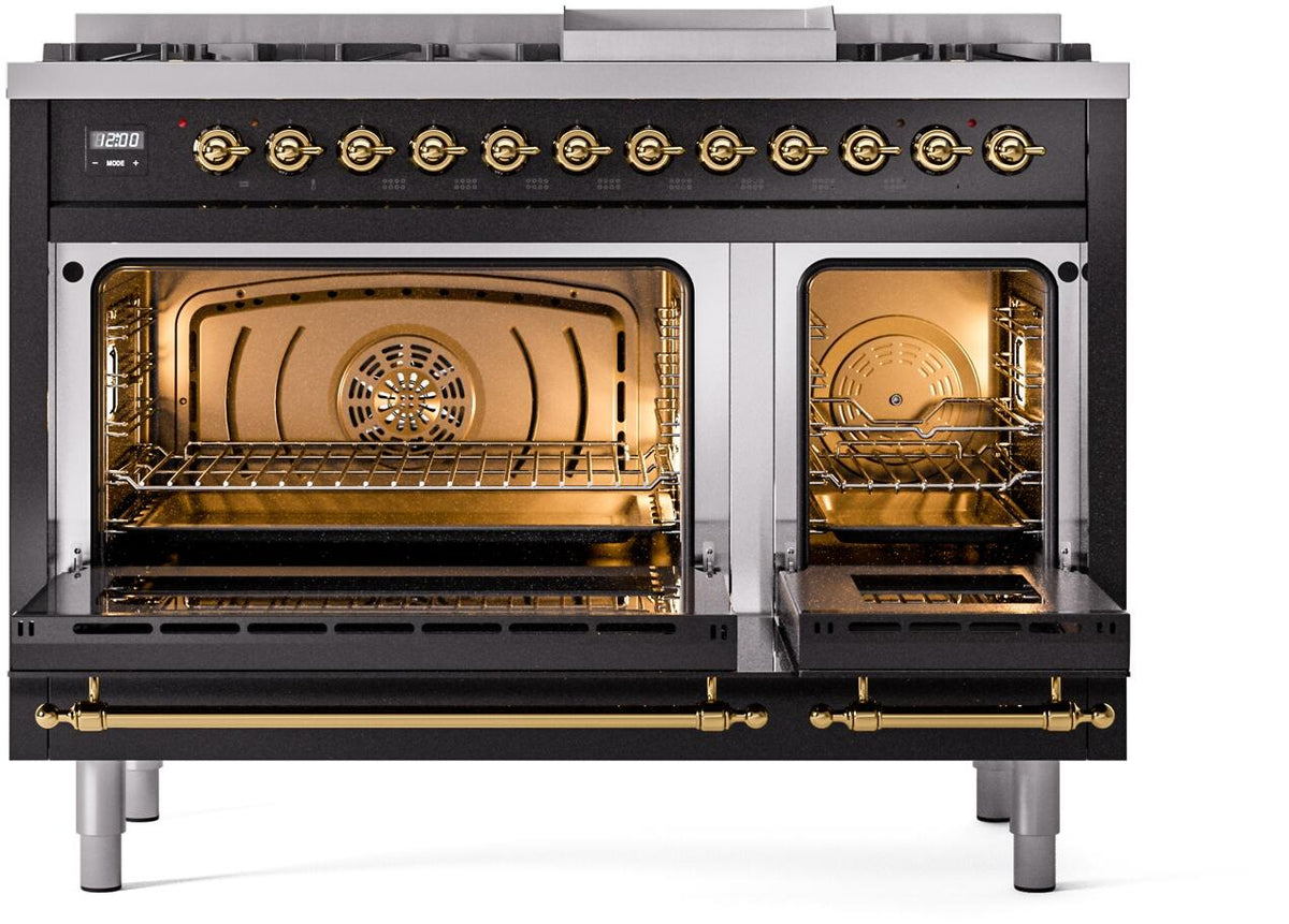 Freestanding dual fuel range with two open oven doors and brass oven hardware