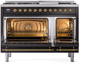 ILVE Nostalgie II 48-Inch Freestanding Natural Gas Dual Fuel Range in Glossy Black with Brass Trim (UP48FNMPBKG)