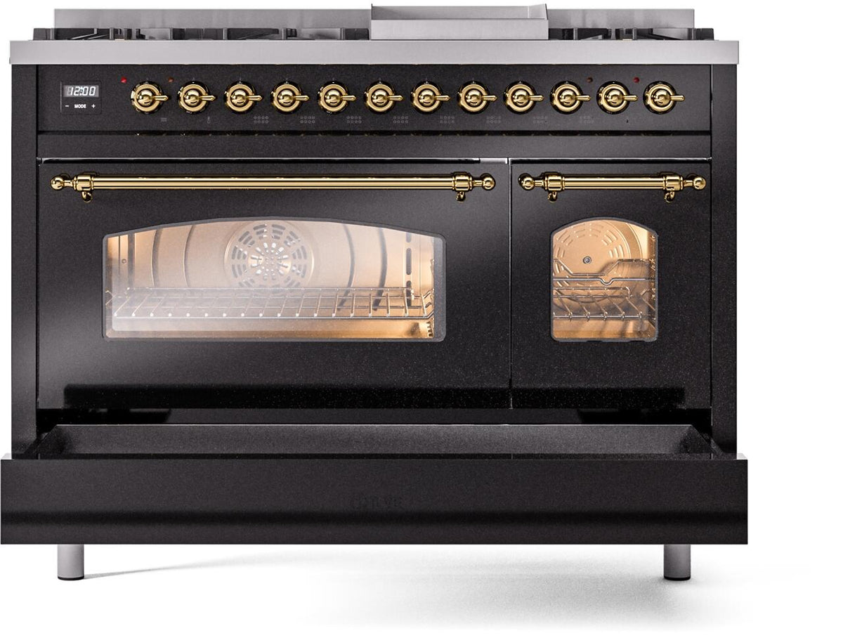 Dual fuel range front with oven door ajar and brass accents, glossy black