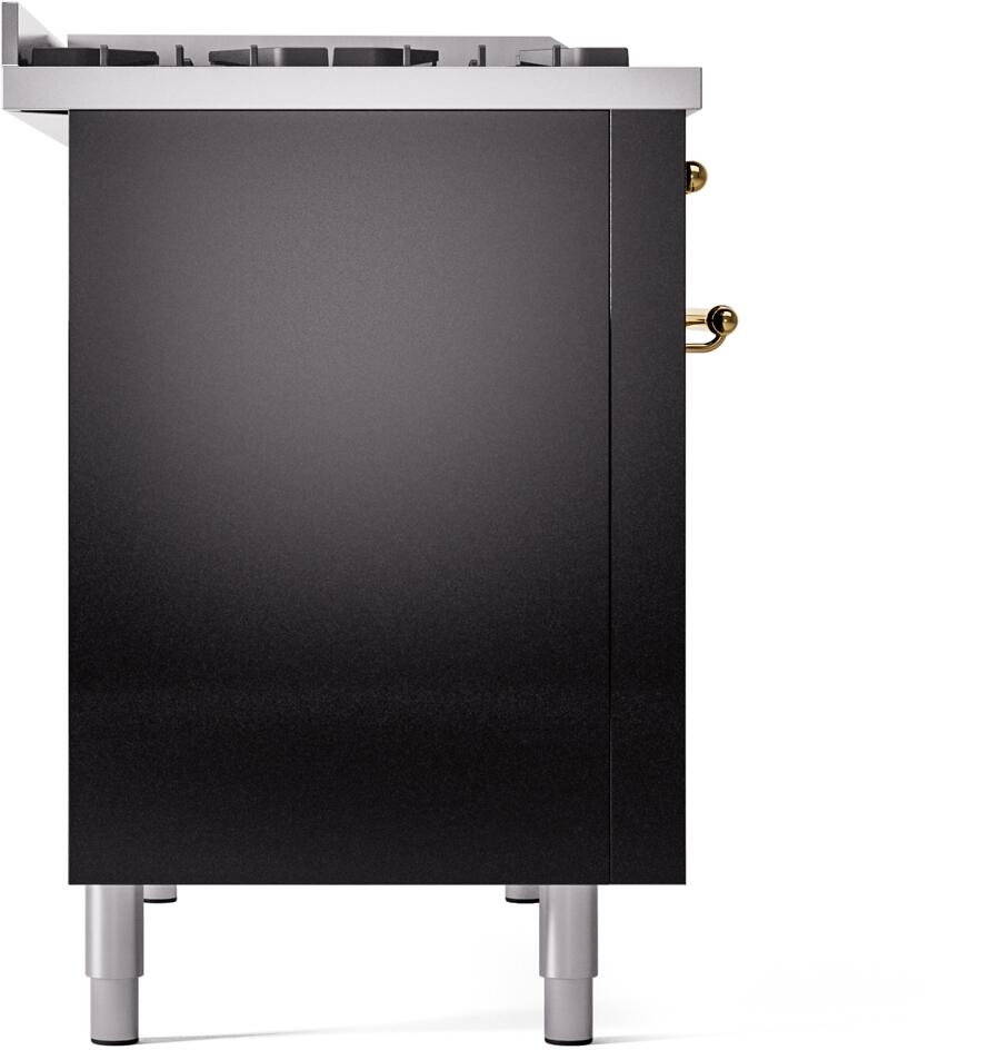 Glossy black freestanding range side with brass handle and silver leveling legs